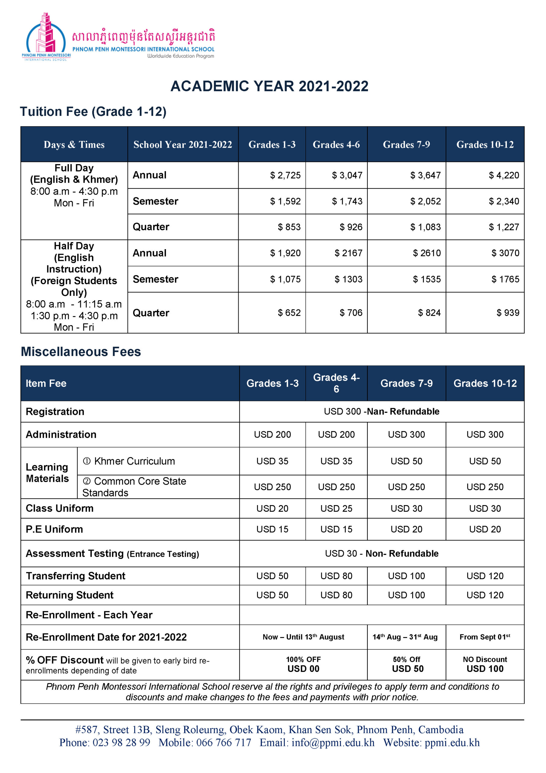 Tuition Fee Phnom Penh Montessori International School